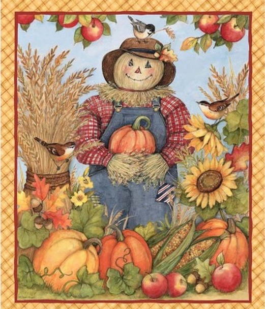 Fabric panel with a scarecrow and harvest scene