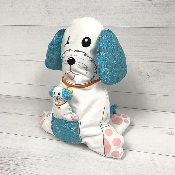 A blue and white stuffed dog