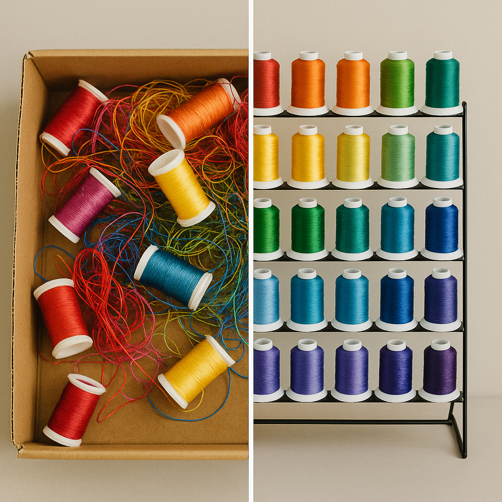 Thread Organization: Before vs. After Before and after comparison of jumbled threads versus a clean, organized thread rack.