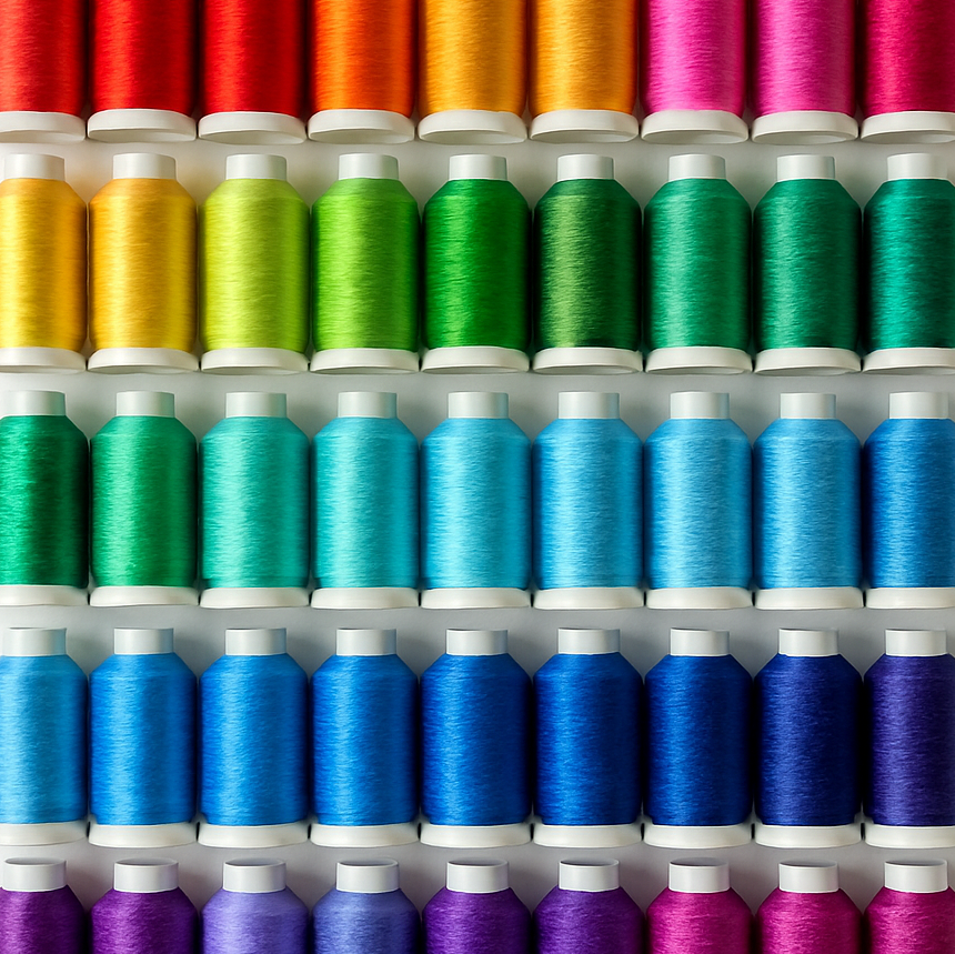 Assorted embroidery thread spools arranged for color coordination.